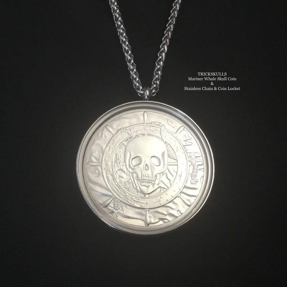Mariner Whale Skull Moby Dick Ship Coin & Stainless Wheat Link Chain and Locket - Picture 2 of 8